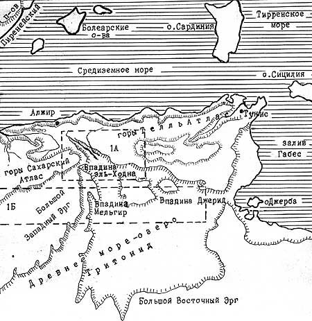 Рис. 1. Карта северной части Африки. Прямоугольником 1А обозначено место, куда спроецирован комплекс рисунков Наска «Большая змея». Прямоугольником 1Б обозначено место, которому на плато Наска cоответствует длинная широкая полоса.