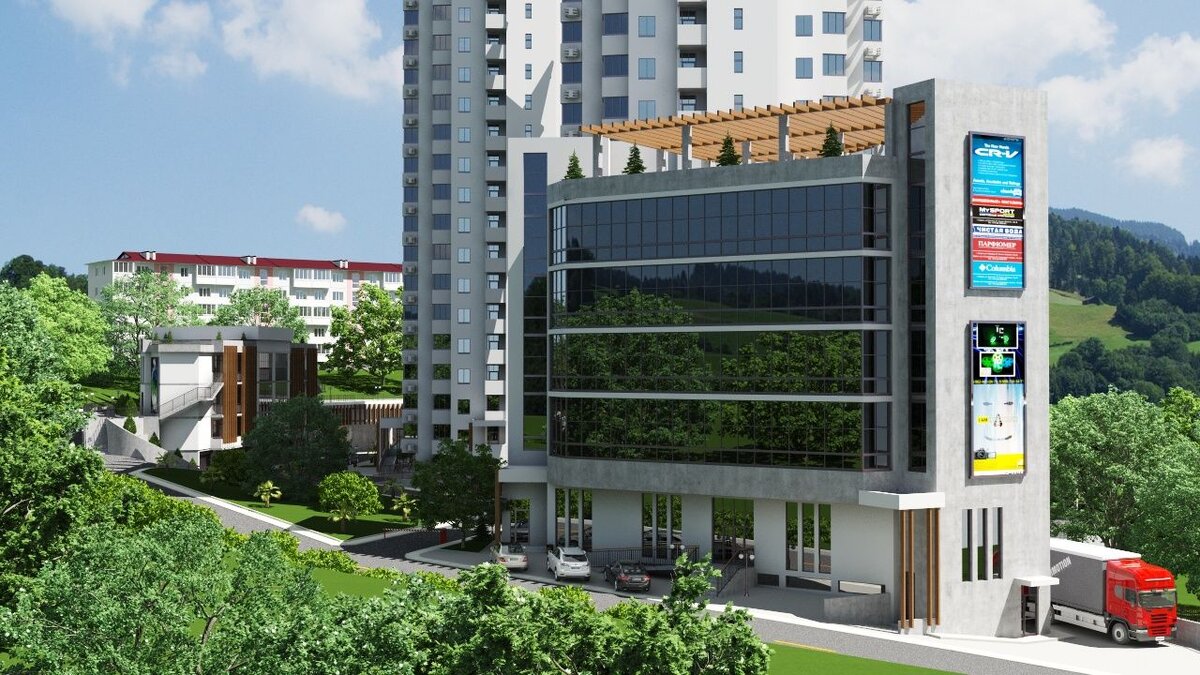 два 20-этажных монолитных жилых дома, двухуровневая подземная парковка,
гостевая парковка,
5-этажный многофункциональный комплекс (супермаркет, фитнес, офисы),