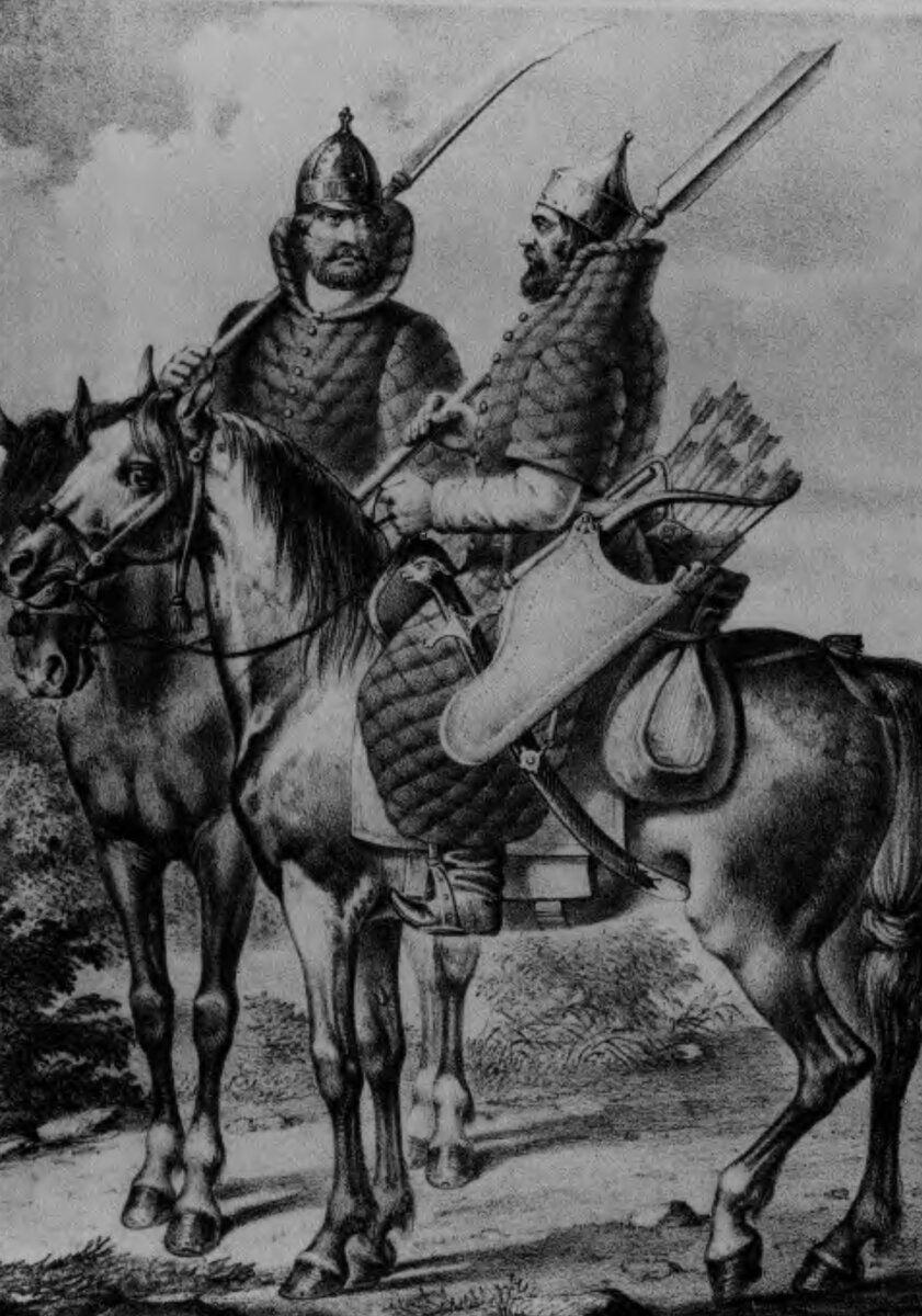 Всадник с совней (слева) и с рогатиной (справа) из "Исторического описания одежды и вооружения российских войск" (Висковатов, Ч. 1, СПб, 1899 г.).