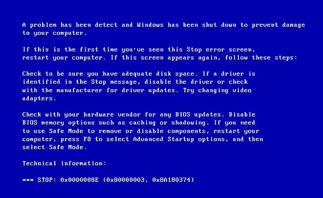 STOP-ошибка 0x0000008e известна еще как «синий экран смерти», или BSoD. Чаще всего она встречается в операционной системе семейства Windows XP, но её также можно встретить в старших версиях Windows (7 и выше). Синий экран смерти возникает всегда, когда есть конфликт операционной системы с установленным оборудованием посредством драйвера.
 В данном случае ошибка указывает на системный драйвер «win32k.sys».
