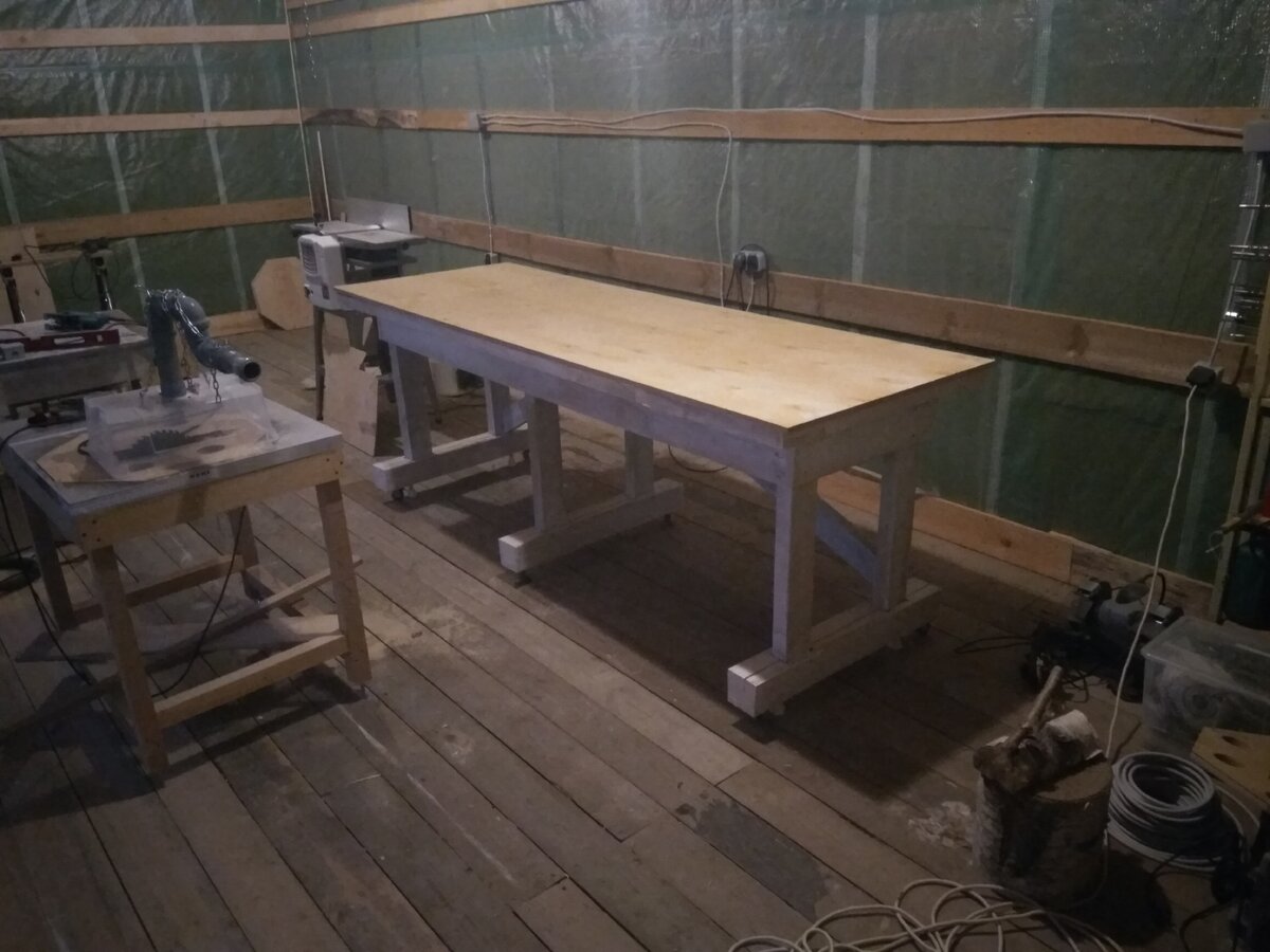 Стоит все также как на фото, только циркулярка перекочевала на верстак, а на маленьком столе поселился фрезер