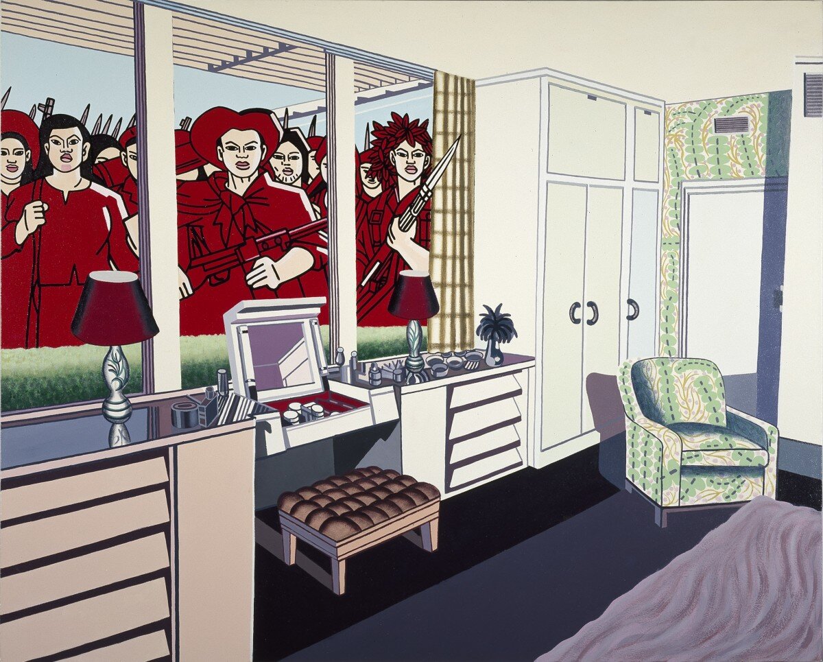 Исландский художник Эрро вкладывает в типичный интерьер шестидесятых годов вторжение вьетнамских войск. Простой американец оказывается на месте мирного жителя Вьетнама. 1968 год. 