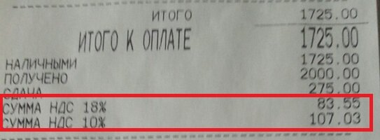 Сумма НДС в чеке из магазина.