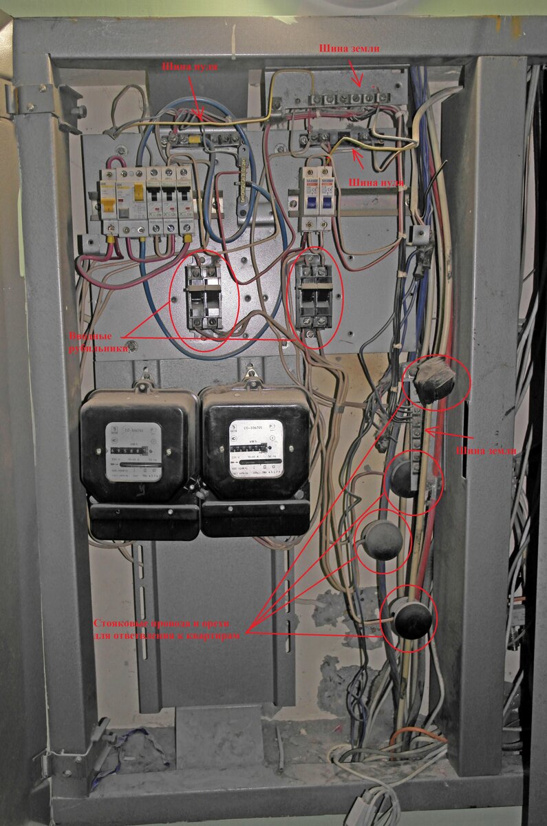 Основные элементы этажного щитка на две квартиры