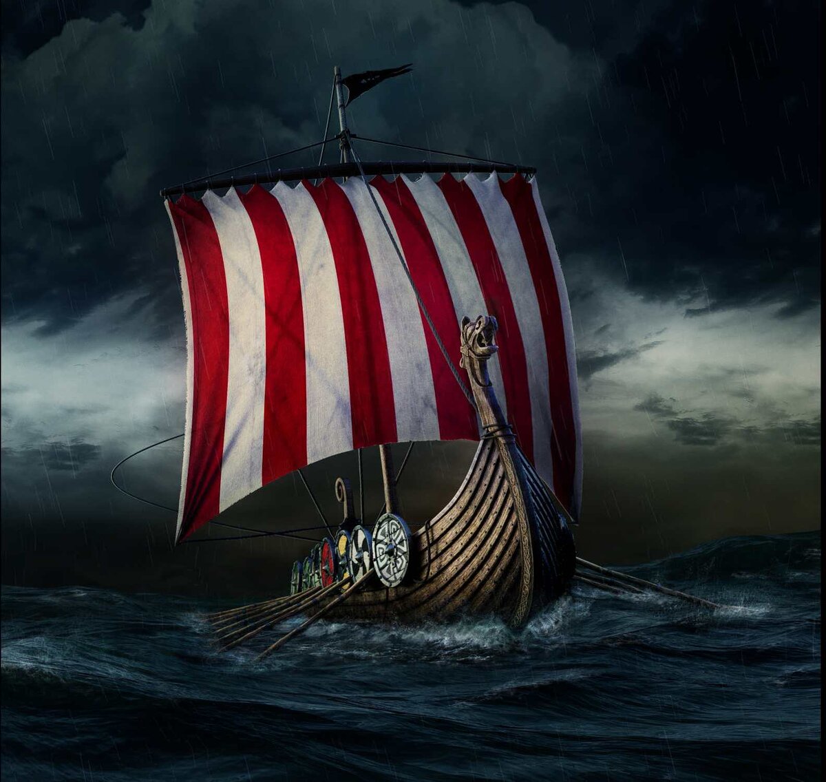 Драккар, в среднем такой корабль мог брать 30-40 воинов