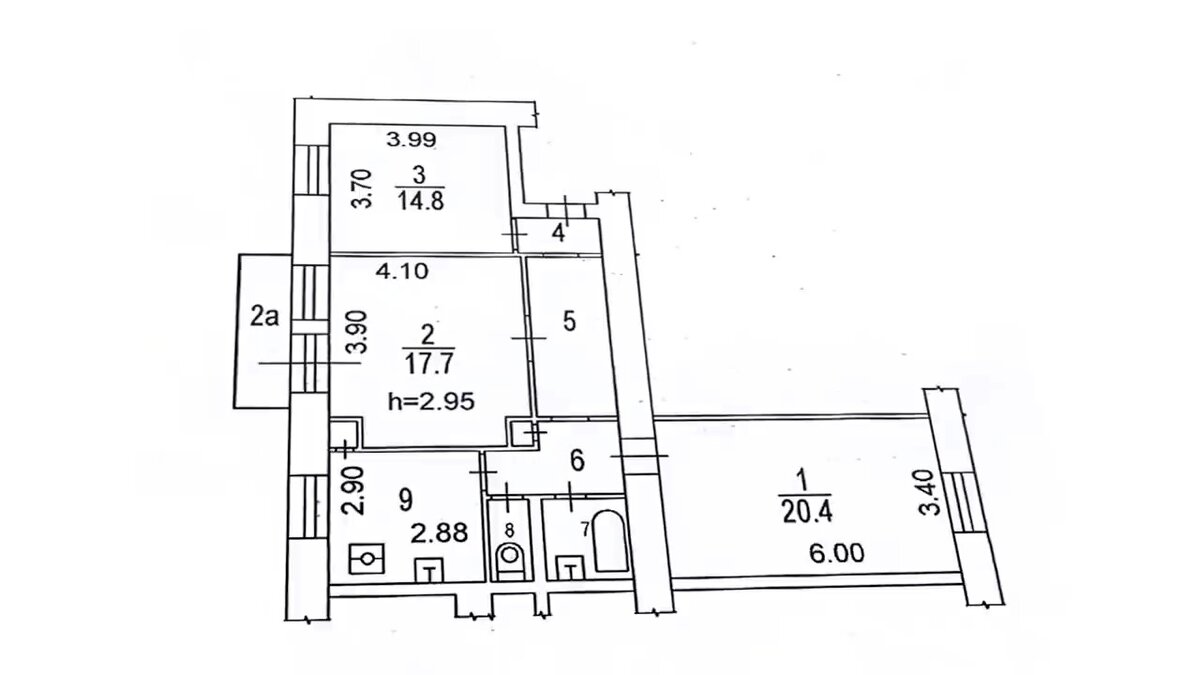 Планировка до ремонта - 3 изолированные комнаты, кухня, туалет, ванна и коридор