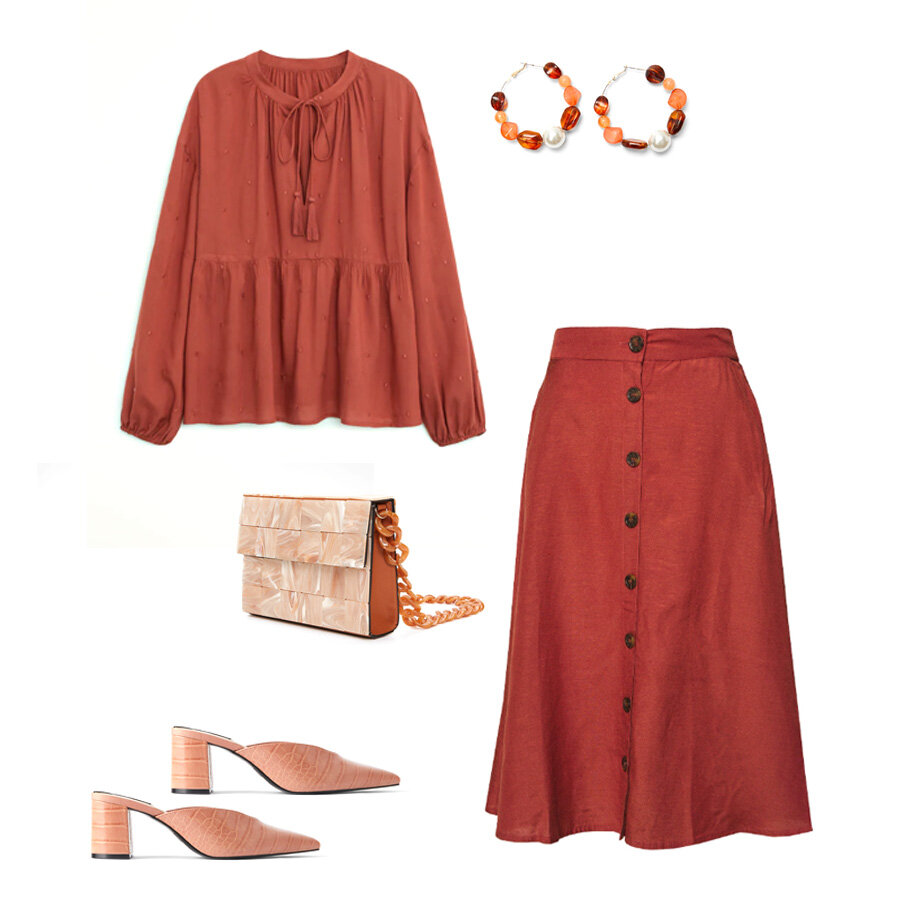 Блуза - Mango, юбка - Only, обувь - Zara, сумка - Uterque, серьги - Stradivarius