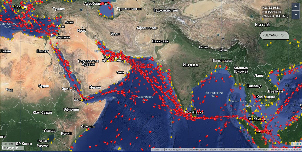 Красным-плотность танкеров. В окне поиска можно ввести название судна, и сервис покажет, где оно находится в данный момент. Кроме имени и типа корабля, можно узнать его курс, страну, которой он принадлежит (страну-импортера).
