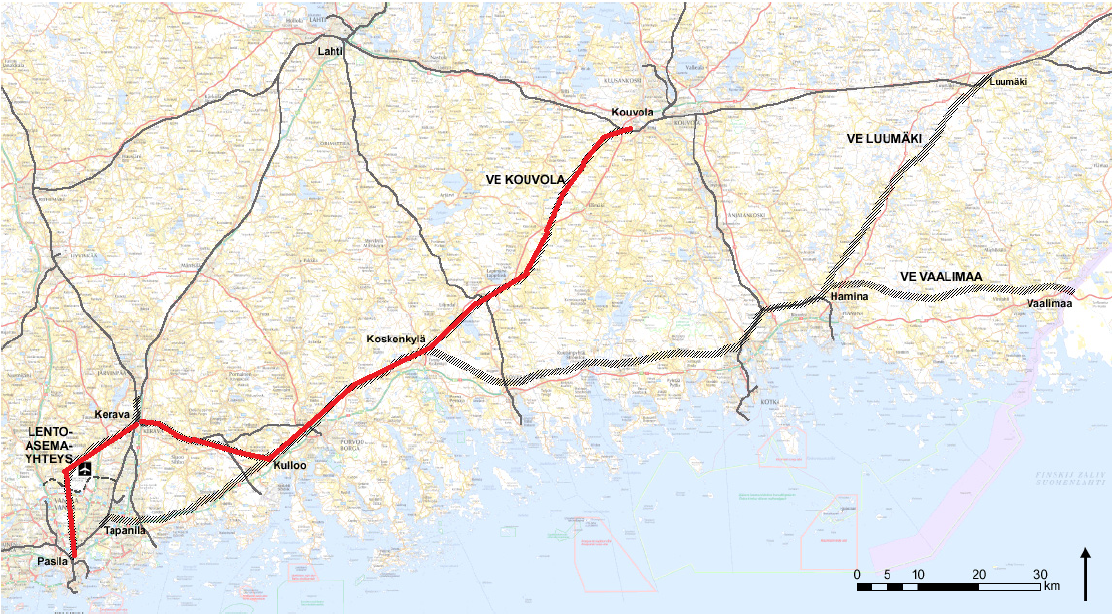 © public domain (Красным – выбранная трассировка. Также указаны рассматриваемые в разное время альтернативные маршруты)