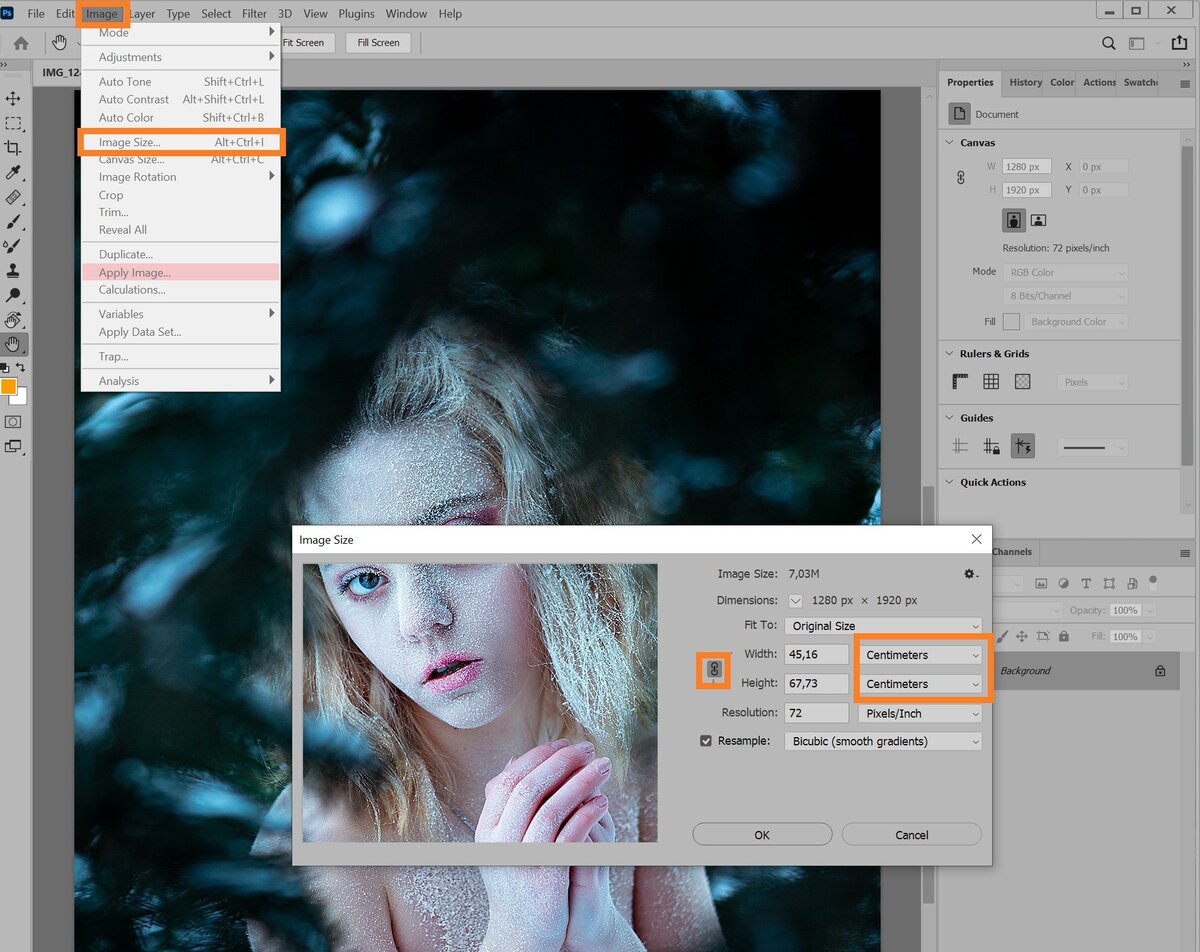    Чтобы изменять размер изображения в Photoshop пропорционально, следите за тем, чтобы кнопка в виде скрепки была нажата / Иллюстрация: Елизавета Чечевица, Фотосклад.Эксперт