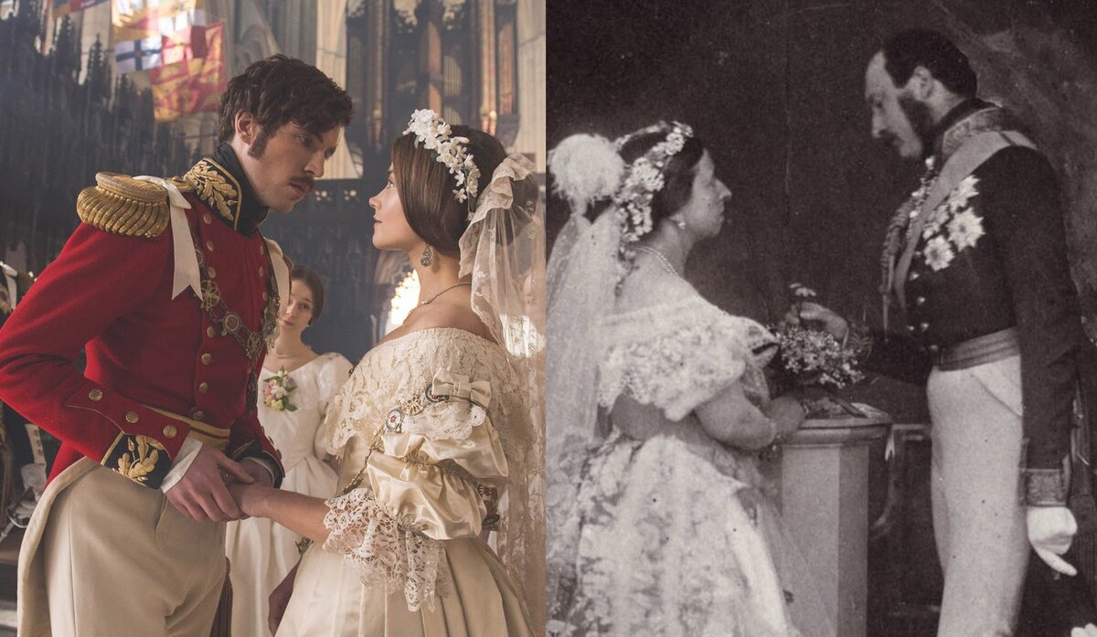 Слева — кадр из сериала «Виктория», справа — портрет королевы Виктории и принца Альберта.