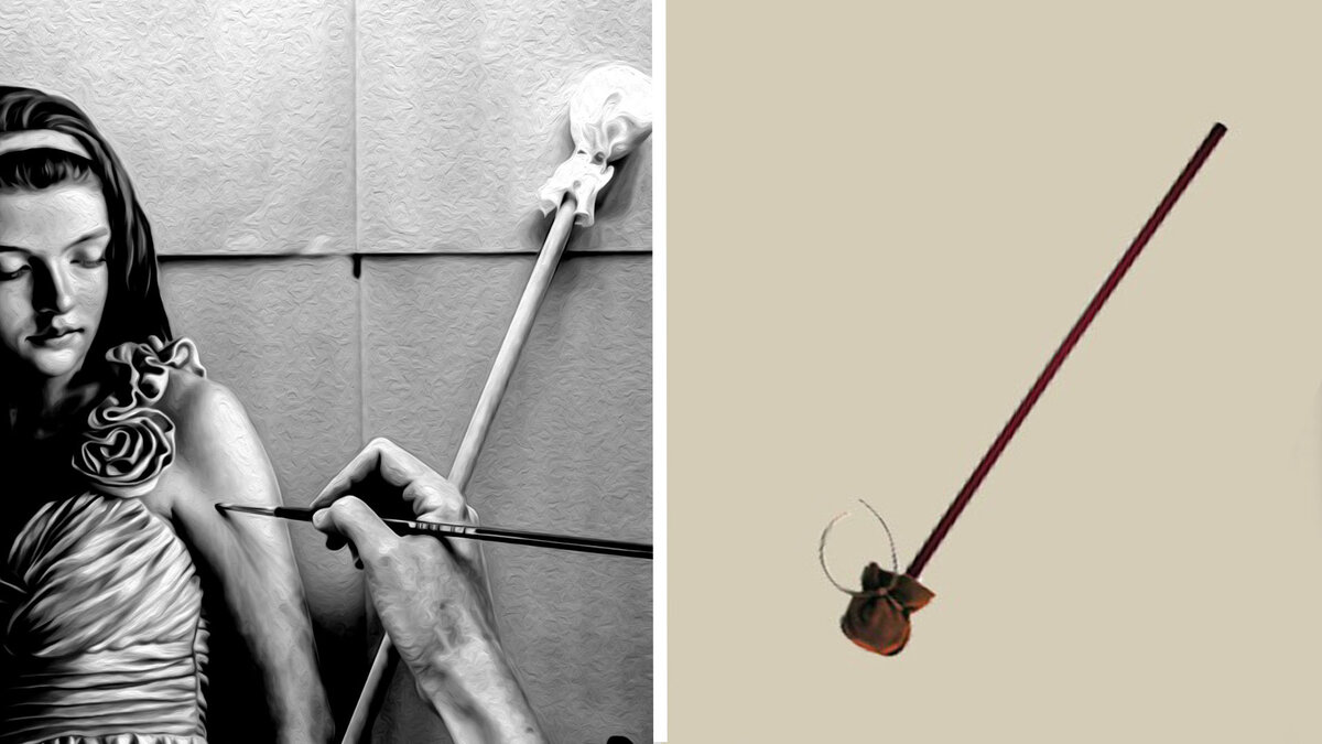 Мягкий шарик на деревянном древке. Художник опирается на полотно .