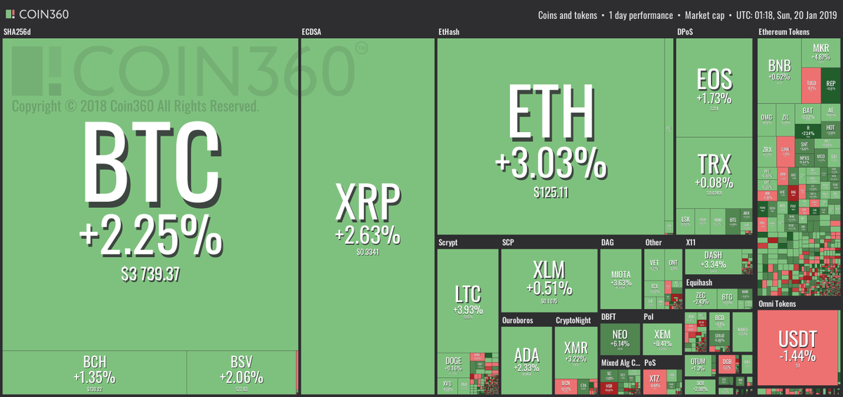 Суббота, 19 января: все топ-20 криптовалют видят небольшой и умеренный рост в течение 24 часов. Цена биткоина (BTC) снова приближается к $3750 согласно данным Coin360.
