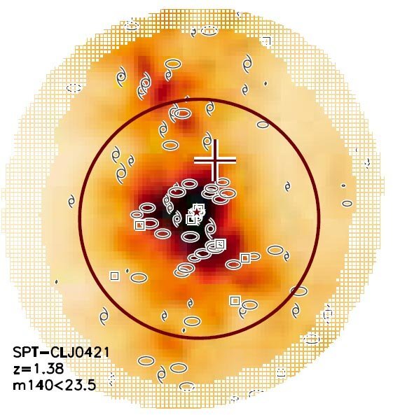 На снимке: карта скопления галактик SPT-CLJ0421, показывающая плотность его членов. Источник: Strazzullo et al., 2019