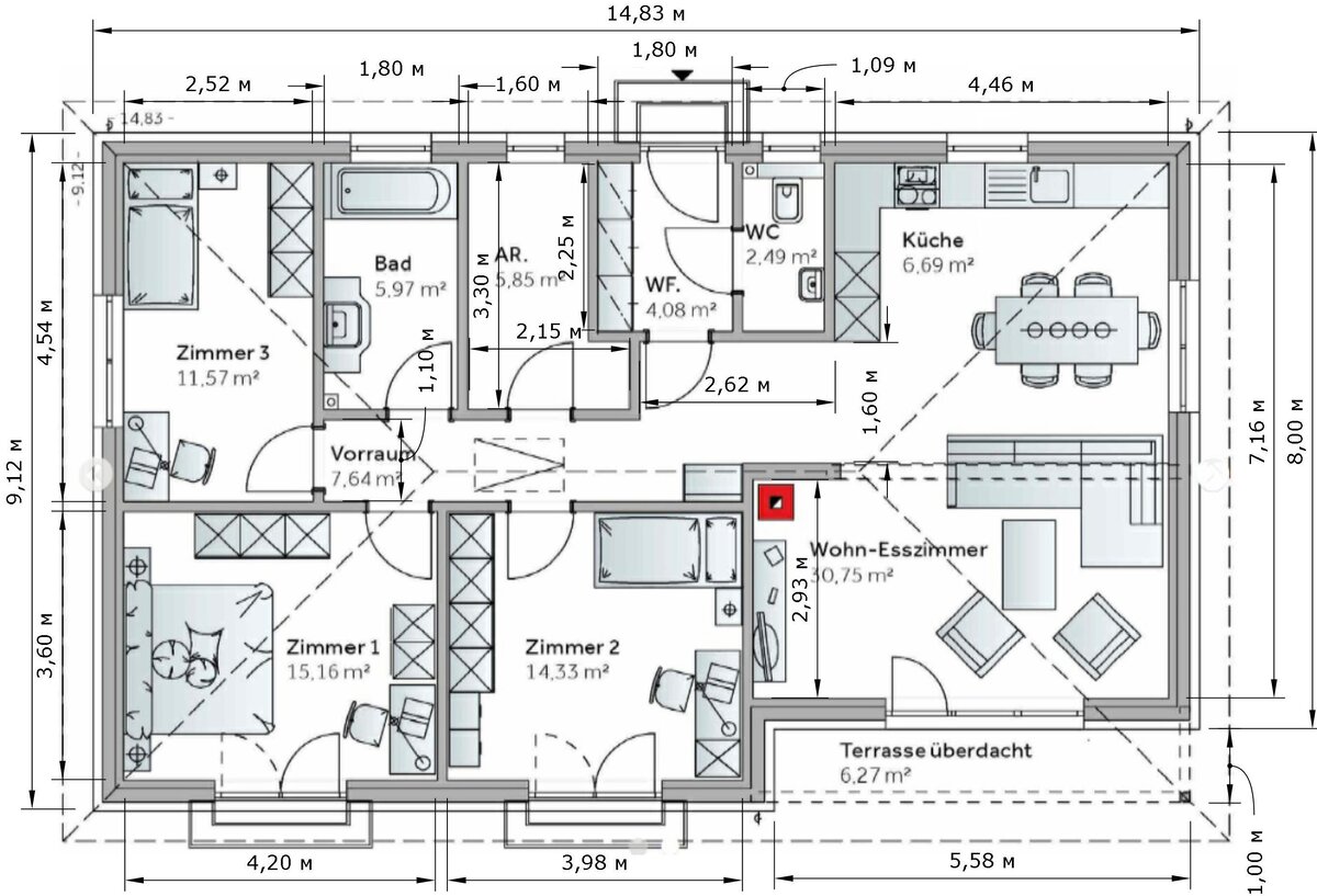 Планировки домов прямоугольной формы Одноэтажный дом 105 m²-130 m². "VARIO-HAUS" Австрия & "Ooreka" Франция Порубежье