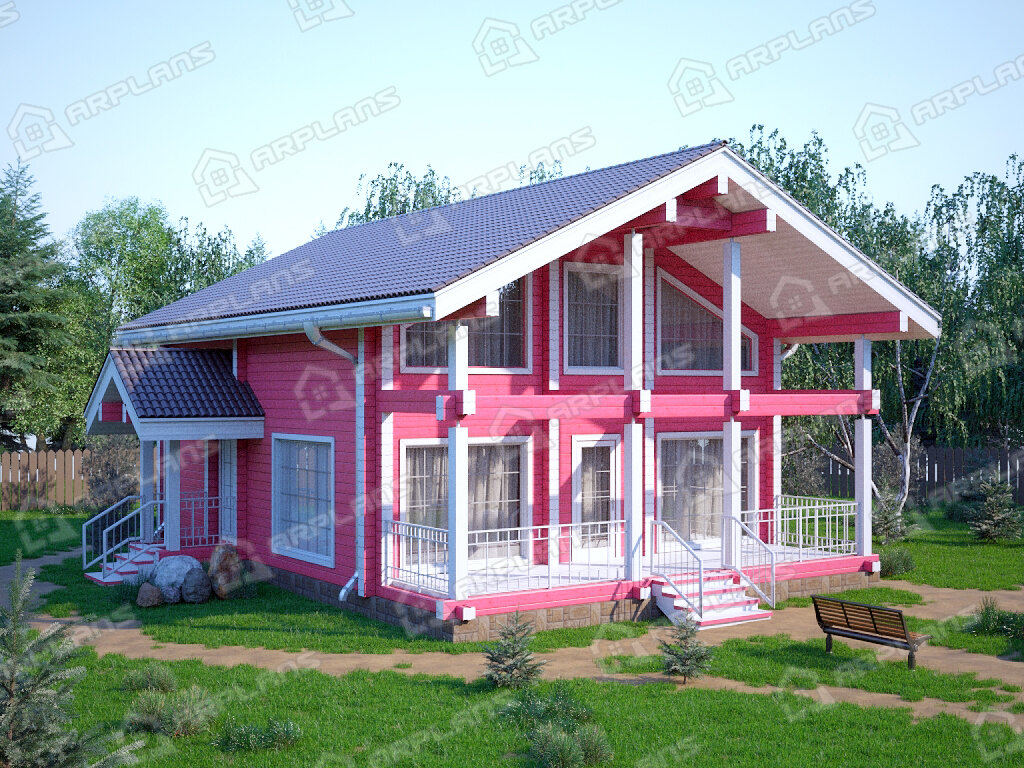 Фото 1 двухэтажного дома из бруса с мансардой, 2 спальнями, гостевой, вторым светом, вторым светом и террасой. Общая площадь до 130 кв м. Источник arplans.ru Проект ДС-010