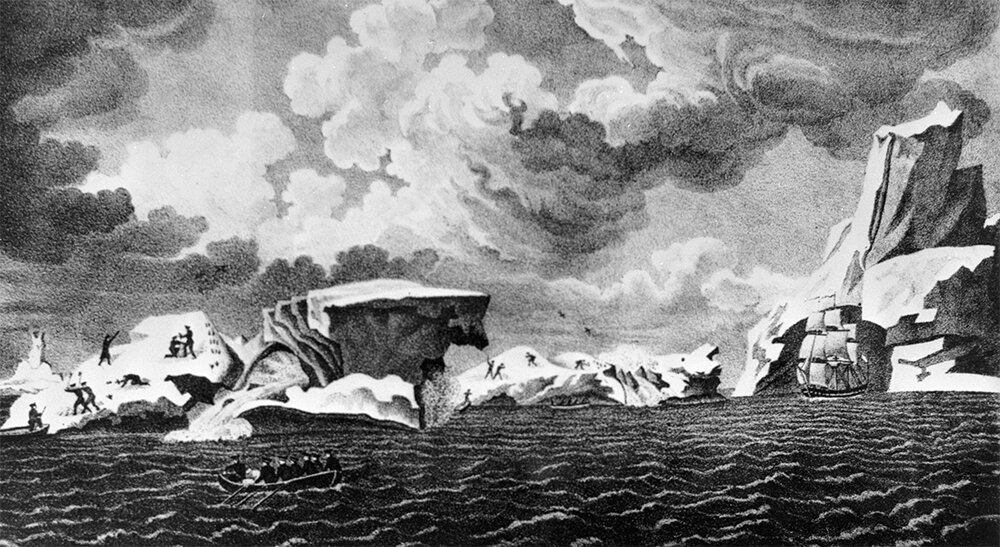    «Антарктические айсберги» — репродукция рисунка с натуры художника П. Михайлова — участника первой антарктической экспедиции на шлюпках «Восток» и «Мирный» под руководством Фаддея Беллинсгаузена и Михаила Лазарева. Фото:  РИА Новости