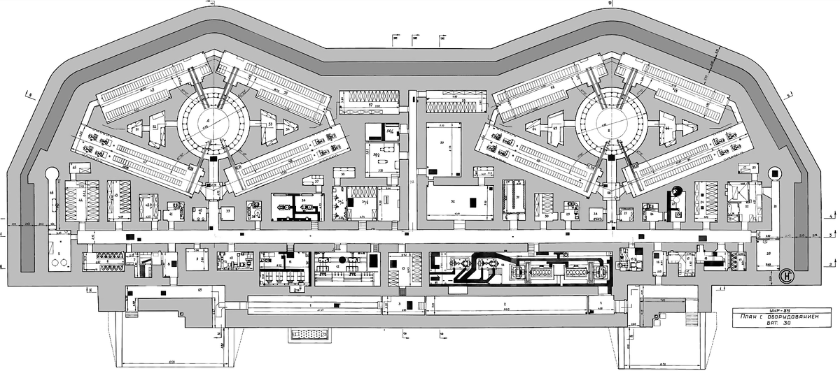 Чертеж орудийного блока 30-й батареи (1932 г.). Кликабельно. Источник: bellabs