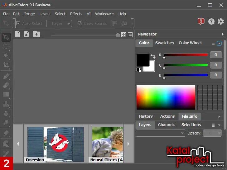 Окно AliveColors c темным стилем оформления программы