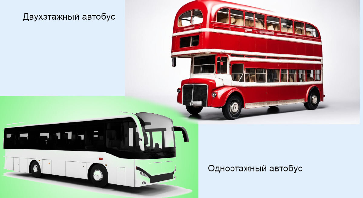 7. Одноэтажные и двухэтажные автобусы (изображение создано с помощью нейросети Кандинский по запросу Петра М.)