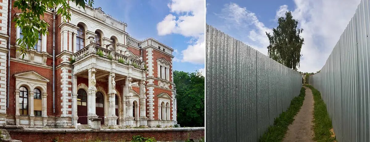 Узкая тропа между алюминиевыми заборами в усадьбу «Быко́во»