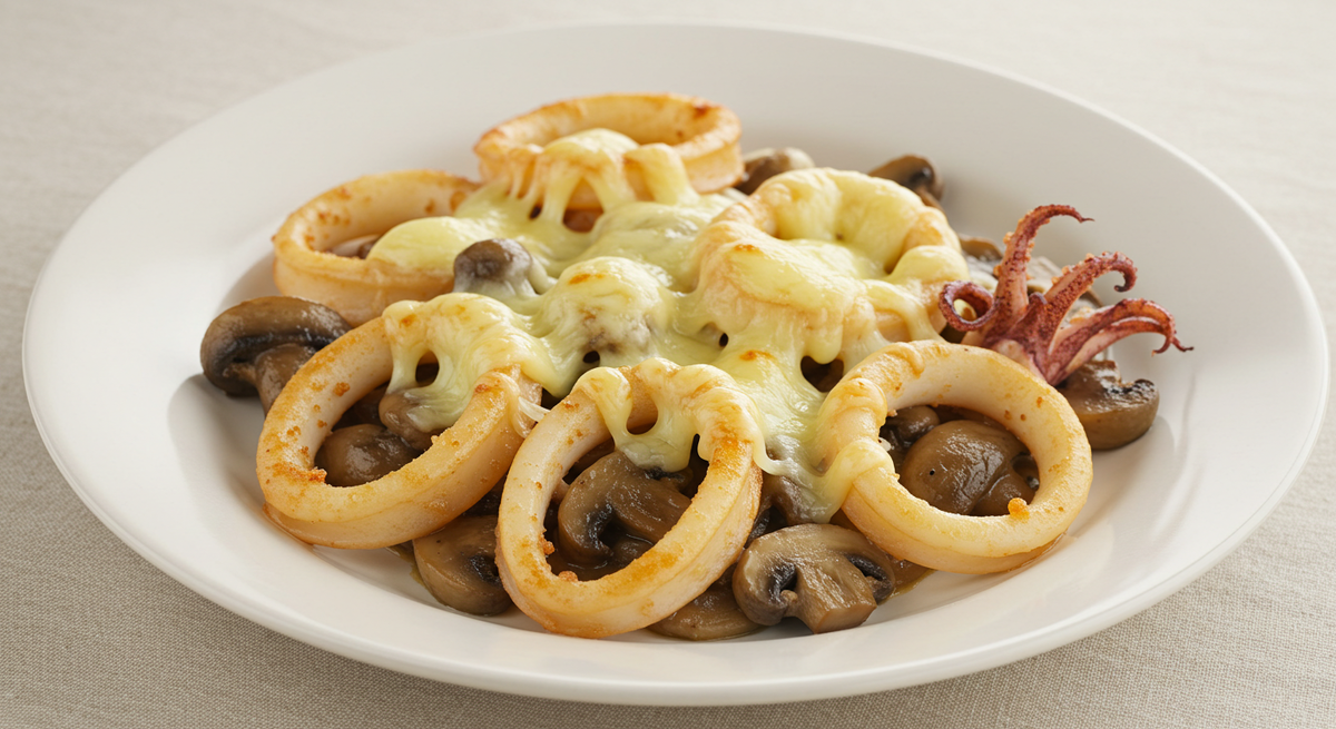 Запеченный кальмар с грибами
