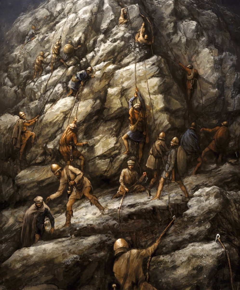 Воины Александра взбираются по отвесным скалам. Художник: Mateusz Przeklasa