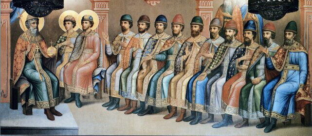 Илл.: Великий князь Владимир Святославич с сыновьями. Роспись восточной стены Грановитой палаты. 1882