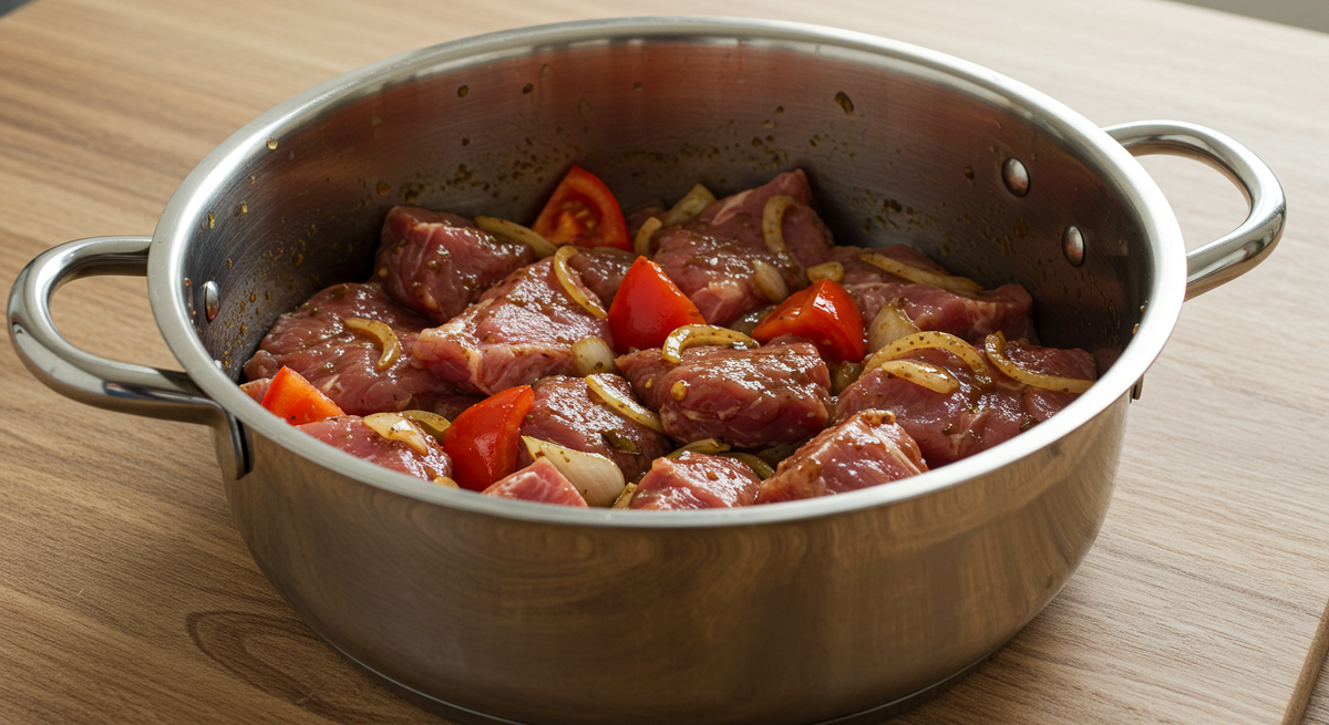 Мясо маринуется для шашлыка