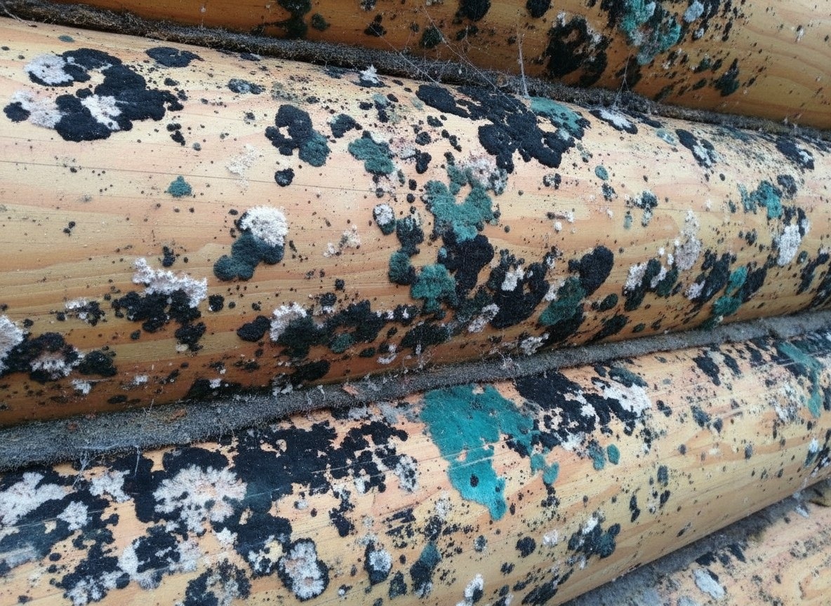 Плесень на оцилиндрованном бревне. Дома из бревна