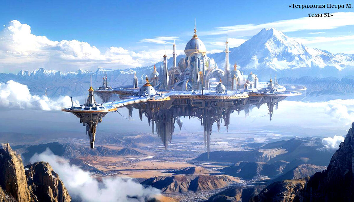 307. Художественное изображение летающего города в Центральной Азии (изображение создано нейросетью Giga Chat telegram по запросу Петра М.).