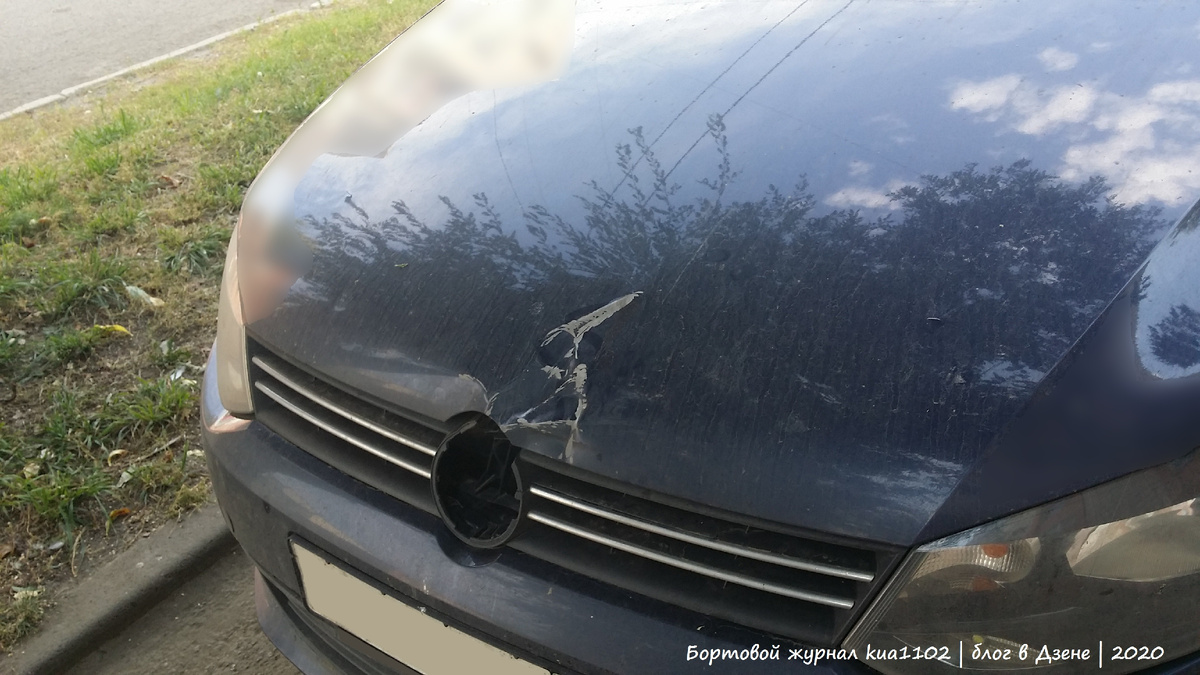 В месте механического воздействия на капот Volkswagen Polo Sedan коррозия не появилась. Автор фотографии kua1102