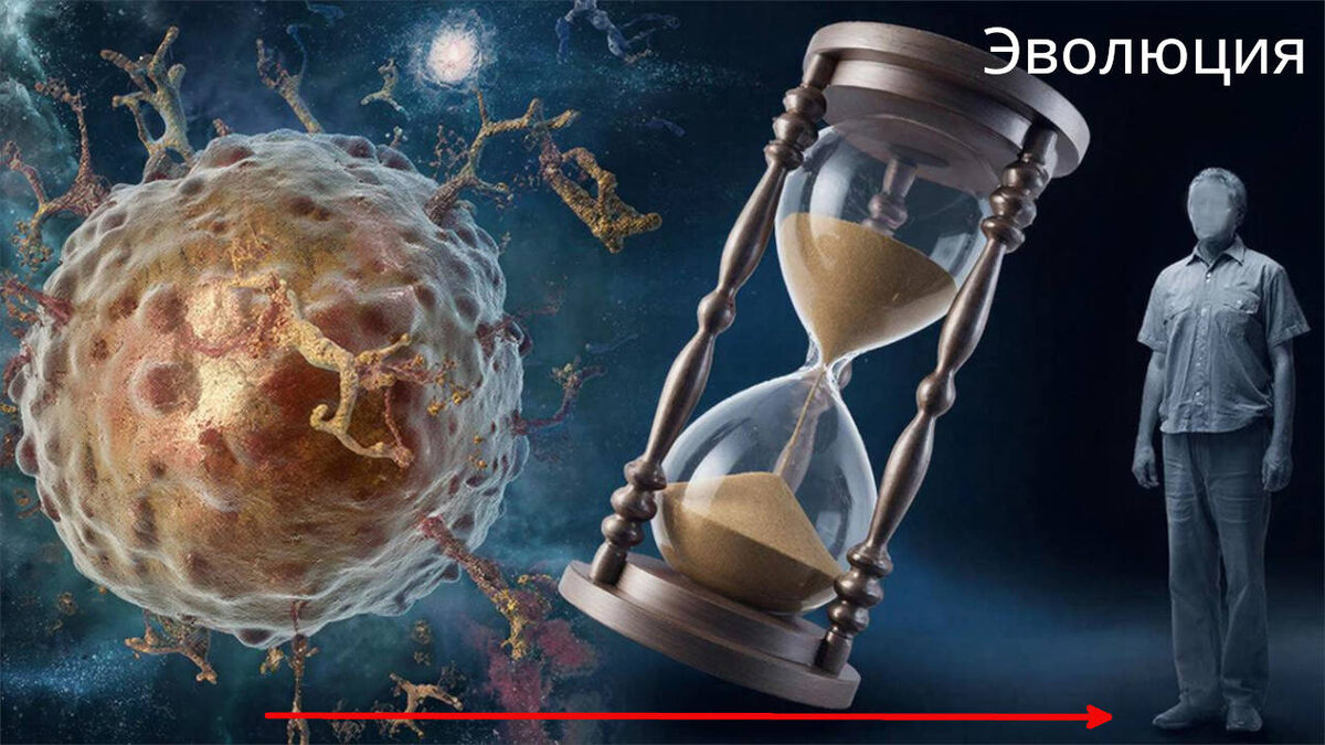 315. Художественное изображение клетки и человека, как двух полюсов эволюции (изображение создано нейросетью GigaChat на сайте vk.ru по запросу Петра М.)