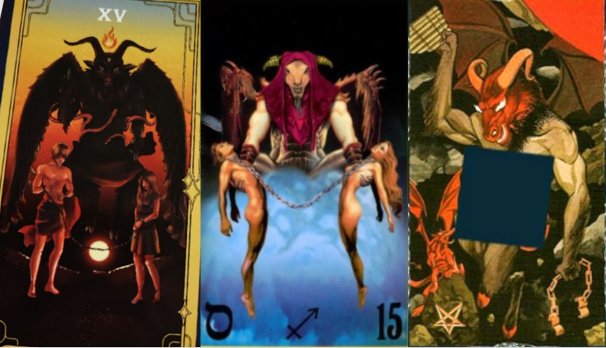 Разнообразие образа карты "Дьявол" на которой изображён Бафомет (слева) и помесь Дьявола и Бафомета (в центре и справа). Автор неизвестен. Изображение из открытых источников.