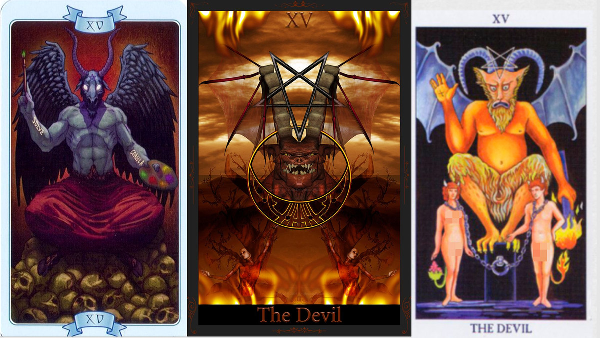 Разнообразие образа карты "Дьявол" на которой изображён Бафомет (слева) и Дьявол (в центре и справа). Автор неизвестен. Изображение из открытых источников.