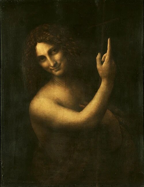 Иоанн Креститель. Авторство: Леонардо да Винчи. Based on File:Saint Jean-Baptiste, by Leonardo da Vinci, from C2RMF.jpg, originally: C2RMF: Galerie de tableaux en très haute définition: image page, Общественное достояние, https://commons.wikimedia.org/w/index.php?curid=15707724