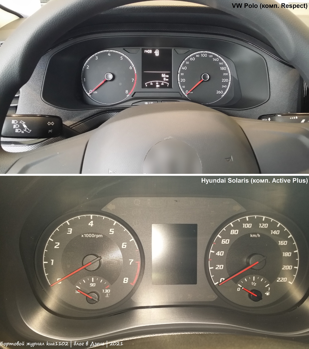 Сравнение приборного щитка автомобилей Volkswagen Polo и Hyundai Solaris. Автор фотографии kua1102