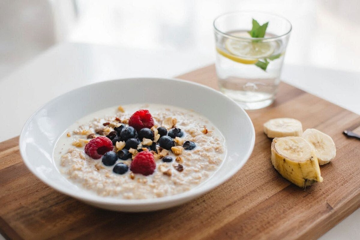 «Завтрак по диете красоты: овсянка с ягодами, орехами и стакан воды с лимоном»
