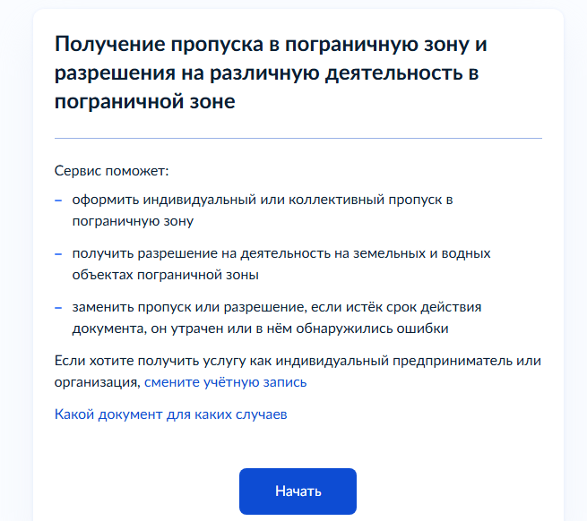 Получение пропуска в пограничную зону, скриншот с Госуслуг