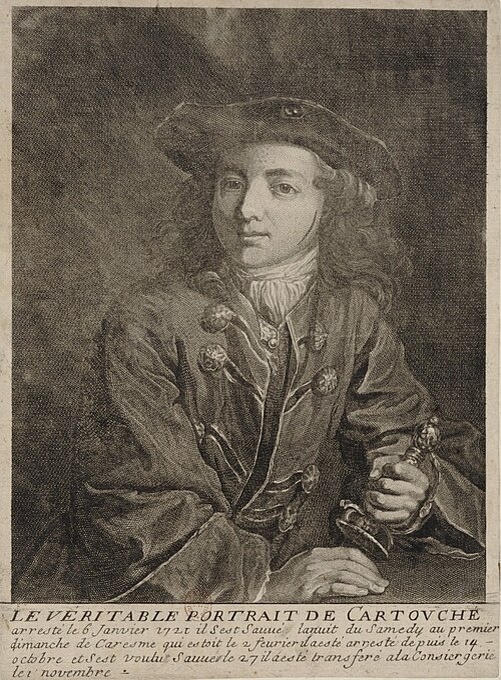 Разбойник Луи-Доминик Картуш. Авторство: Unidentified engraver. Этот медиафайл был взят из французской онлайн-библиотеки «Галлика», его идентификатор: btv1b8408521f/f1, Общественное достояние, https://commons.wikimedia.org/w/index.php?curid=46987650