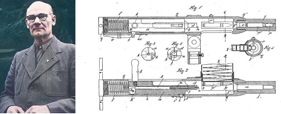 Слева Август Кёндерс (1890–1974) - инженер, работавшим в Stahlwerke Becker AG и один из создателей пушки. Справа - схема пушки из швейцарского патента 1914 года. Помимо автоматической пушки, в 1930-1940-гг. разрабатывал и ряд других видов оружия, в частности  пулемет и пистолет-пулемет собственной конструкции, противобункерный снаряд и многокаморное сверхдальнобойное орудие для обстрела Англии (т.н. ФАУ-3), винтовку и самозарядный карабин для фольксштурма. Ну а после войны запатентовал зажигалку собственной конструкции.