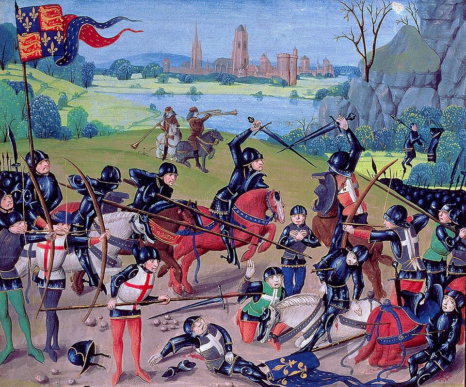 Битва при Азенкуре. Авторство: Unknown - Ms 6 f.243 Battle of Agincourt, 1415, English with Flemish illuminations, from the 'St. Alban's Chronicle' by Thomas Walsingham (vellum), English School, (15th century). Lambeth Palace Library, London, UK / The Bridgeman Art Library, Общественное достояние, https://commons.wikimedia.org/w/index.php?curid=139585