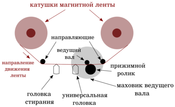 Устройство лентопротяжного механизма аналоговых и цифровых магнитофонов. Общий вид. Иллюстрация моя
