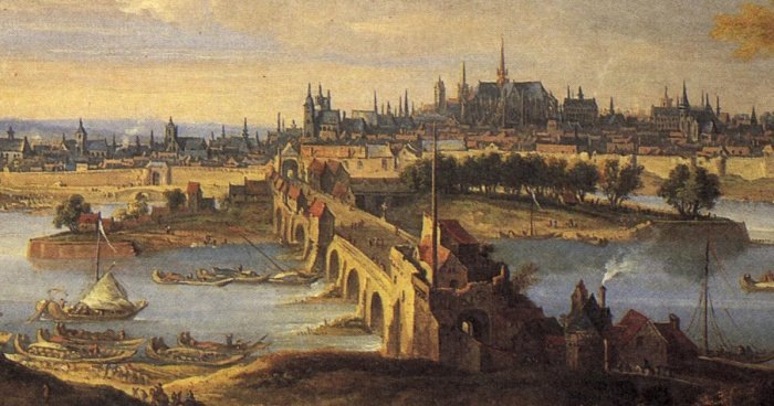 Вид на Орлеан со стороны моста. Авторство: Martin des Batailles. Grand livre du Pont Royal, édition de la société des amis des musées d'Orléans, Общественное достояние, https://commons.wikimedia.org/w/index.php?curid=6560235