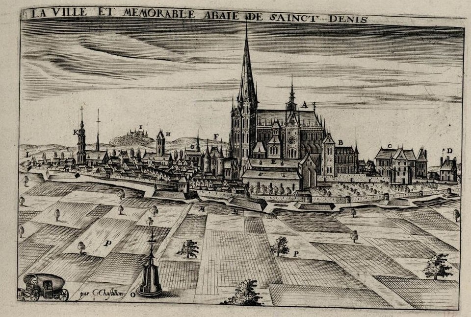 Аббатство Сен-Дени. Гравюра резцом К. Шатийона. 1600. Авторство: Claude Chastillon. Tiré de la Topographie francoise ou representations de plusieurs villes, bourgs, chasteaux, plans, forteresses, vestiges d'antiquité, maisons modernes et autres du royaume de France, Boisseau, Paris, 1655, collections Jacques Doucet, Institut National d'Histoire de l'Art, p. 211, Общественное достояние, https://commons.wikimedia.org/w/index.php?curid=42098732