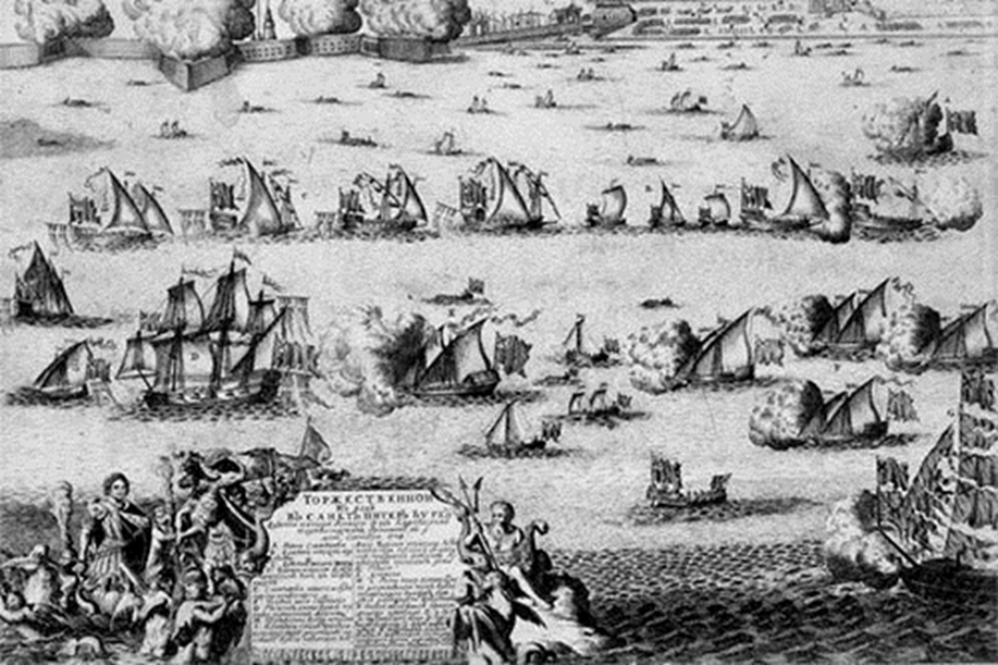 1714, 9 (20) сентября - Торжественный ввод в Неву взятой в плен в битве при Гангуте шведской эскадры, 1714 г. Хендрик Девитт по рисунку П. Пикарта.