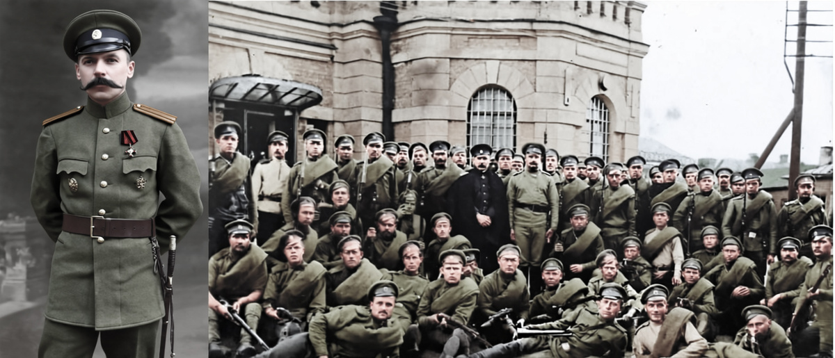 Влади́мир Григо́рьевич Фёдоров (1874-1966) - русский и советский конструктор стрелкового оружия, доктор технических наук. Создатель знаменитого автомата. На фото в чине полковника. Генерал-майор императорской и генерал-лейтенант советской армий. На фото справа он стоит в центре (в темной шинели) с солдатами и офицерами "автоматической роты" во время подготовки в Офицерской стрелковой школе в Ораниенбауме в 1916 году.  Предположительно, справа от него стоит командир роты поручик И.Е. Серебряков.