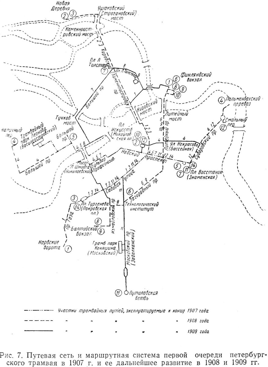 Схема маршрутов первой очереди Петербургского трамвая