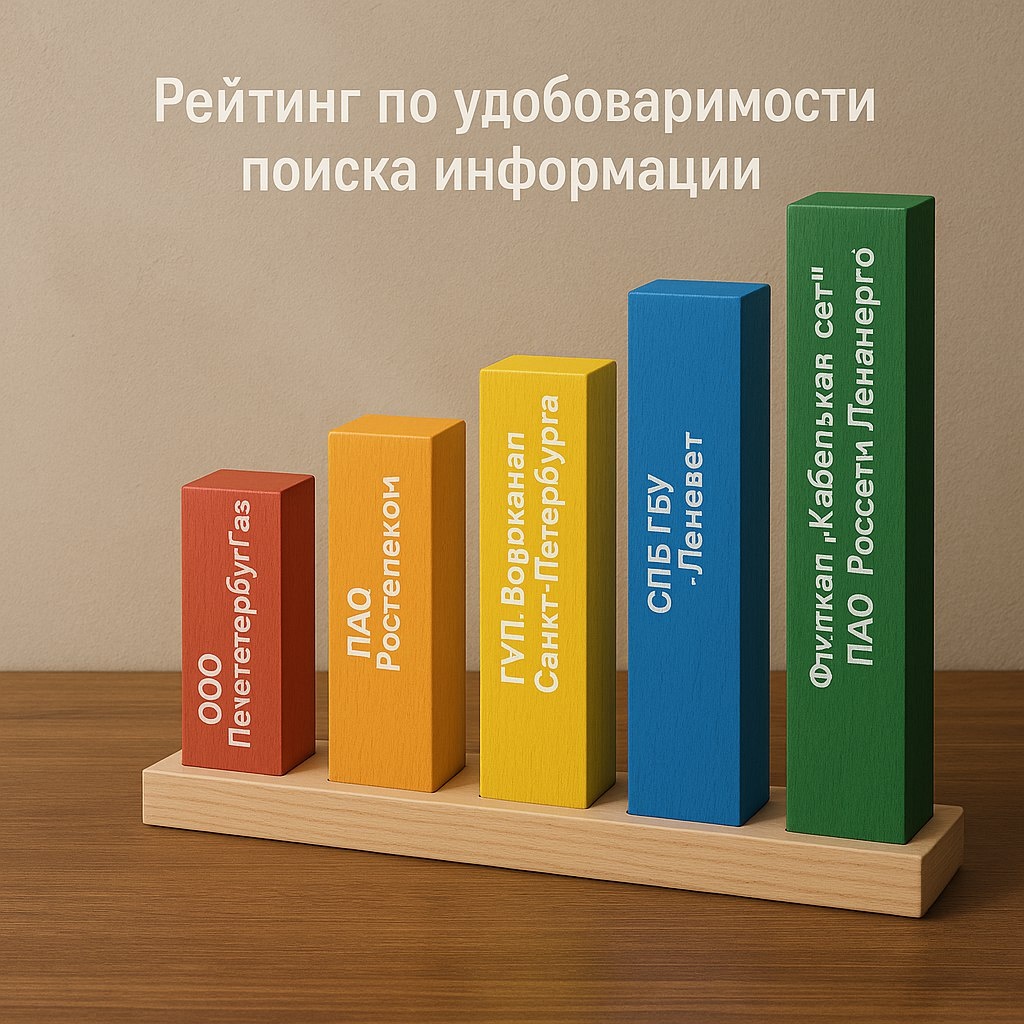 Кругозор Проектировщика: рейтинг по удоворимости поиска информации (1 место (наиболее удобно): Филиал "Кабельная сеть" ПАО "Россети Ленэнерго"2 место: СПб ГБУ "Ленсвет"3 место: ГУП "Водоканал Санкт-Петербурга"4 место: ПАО "Ростелеком"5 место (наименее удобно): ООО "ПетербургГаз") 