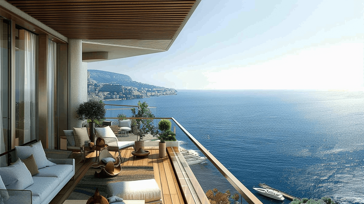 Квартира с террасой с видом на море. Изображение сгенерировано с помощью нейросети Midjourney